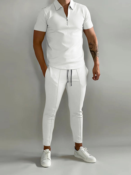 S.M. Men's solid color lapel short-sleeved POLO shirt + Pants two-piece suit