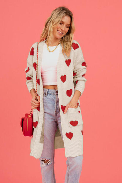 S.W.  Heart Graphic Open Front Cardigan with Pockets