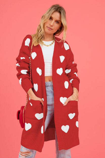 S.W.  Heart Graphic Open Front Cardigan with Pockets