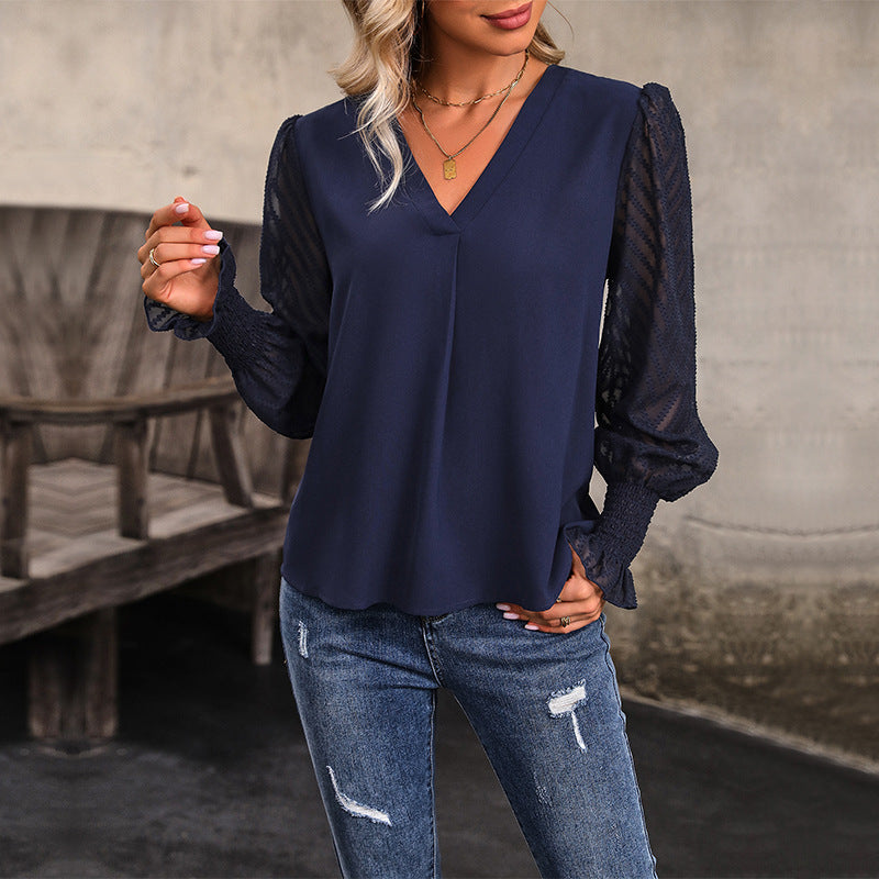 Women's Navy long sleeve V-neck blouse womens solid color shirt