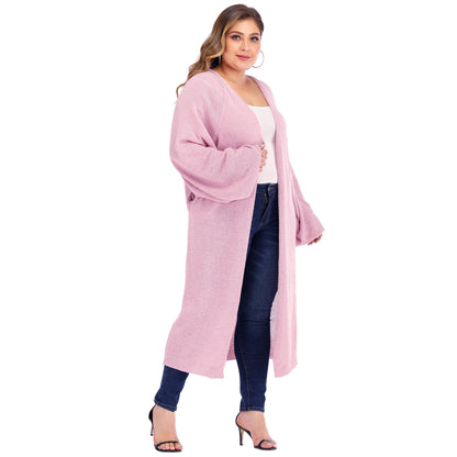 Plus size women's loose pocket long woven cardigan sweater