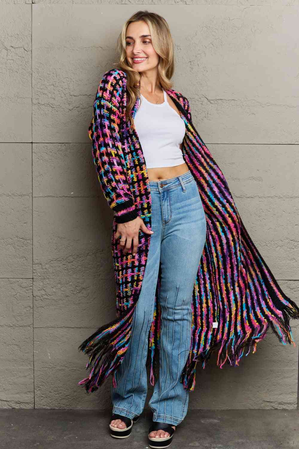 S.W.  Multicolored Open Front Fringe Hem Cardigan