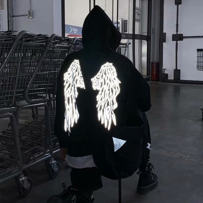 S.M. Dark series personality wings INS reflective rope hooded hat and velvet hoodie men's street fashion