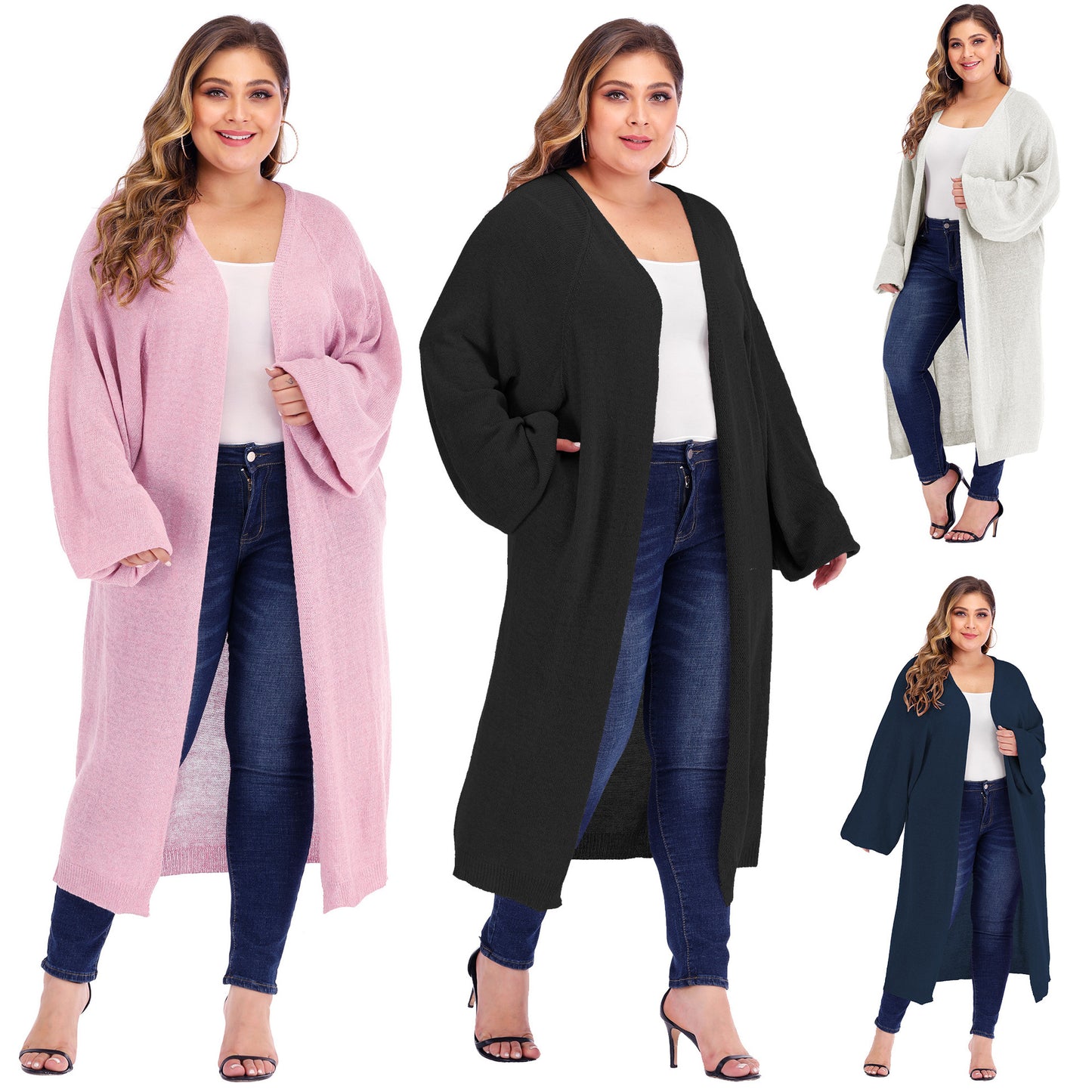 Plus size women's loose pocket long woven cardigan sweater