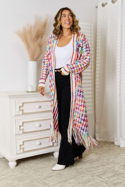 S.W.  Multicolored Open Front Fringe Hem Cardigan