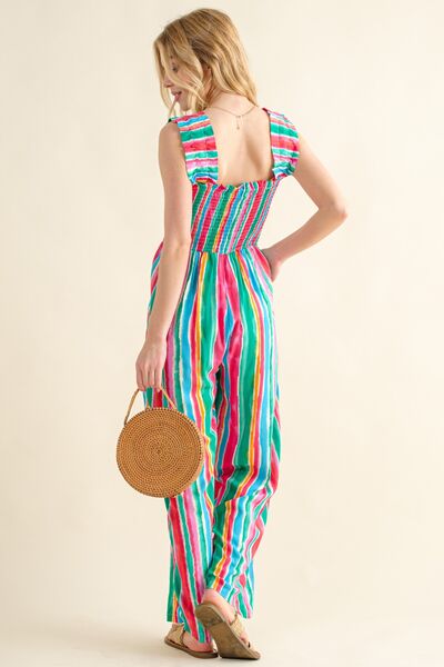 S.W. And The Why Full Size Striped Smocked Sleeveless Jumpsuit