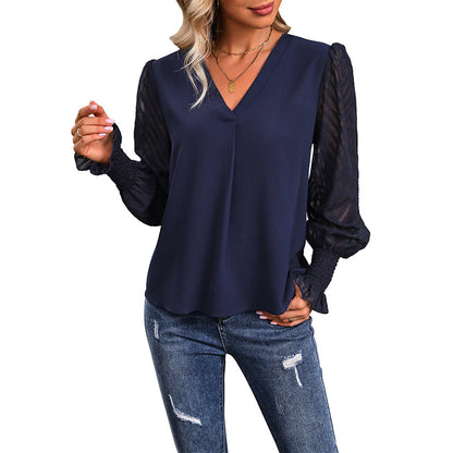 Women's Navy long sleeve V-neck blouse womens solid color shirt