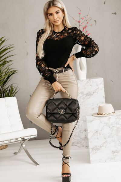 S.W. Hollowed Floral Lace Spliced Long Sleeve Blouse