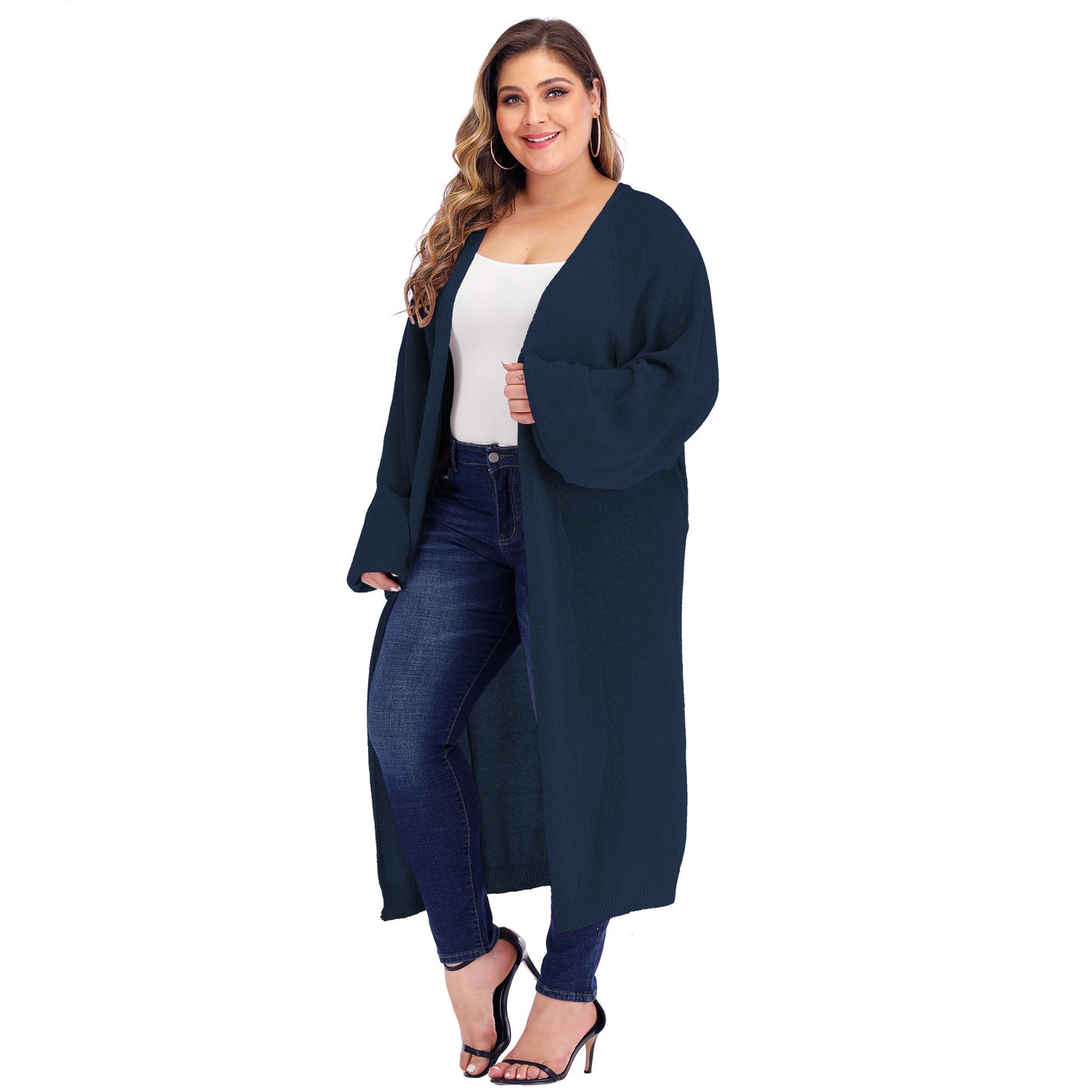 Plus size women's loose pocket long woven cardigan sweater