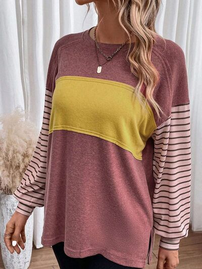 S.W.  Round Neck Striped Long Sleeve Slit T-Shirt