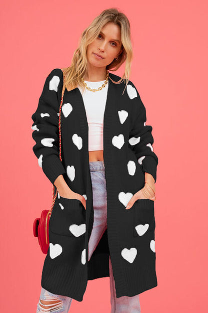 S.W.  Heart Graphic Open Front Cardigan with Pockets