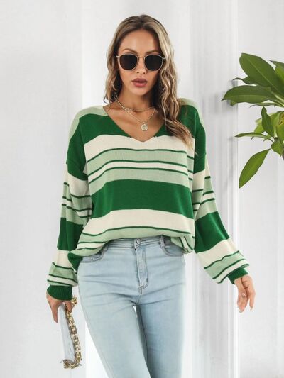 S.W. Striped V-Neck Dropped Shoulder Sweater