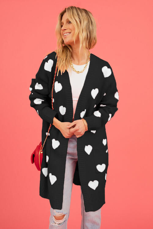 S.W.  Heart Graphic Open Front Cardigan with Pockets