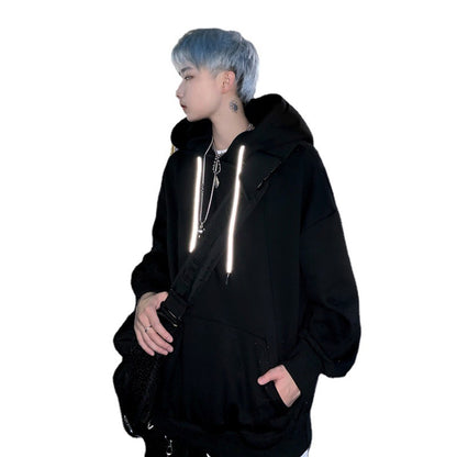 S.M. Dark series personality wings INS reflective rope hooded hat and velvet hoodie men's street fashion