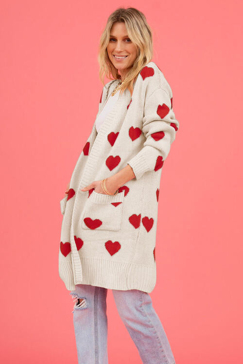 S.W.  Heart Graphic Open Front Cardigan with Pockets