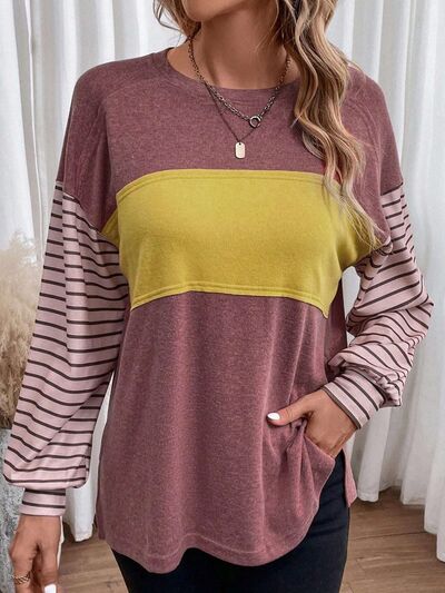 S.W.  Round Neck Striped Long Sleeve Slit T-Shirt