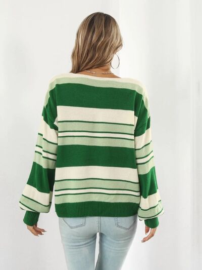 S.W. Striped V-Neck Dropped Shoulder Sweater