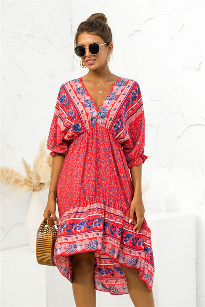 S.W. Bohemian V Neck Dress with Printed Design