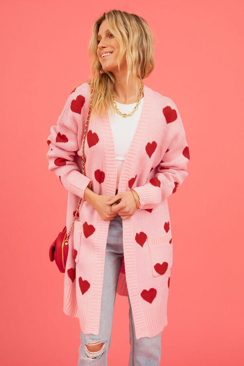 S.W.  Heart Graphic Open Front Cardigan with Pockets