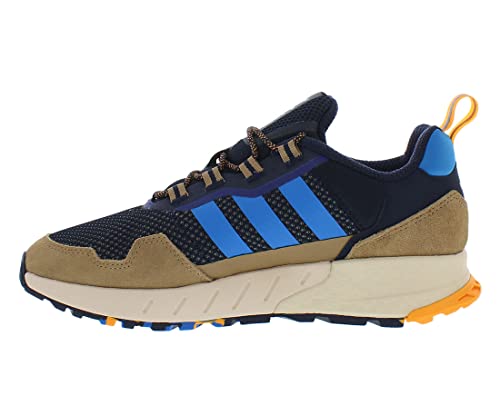 a blue and brown sneaker with yellow laces