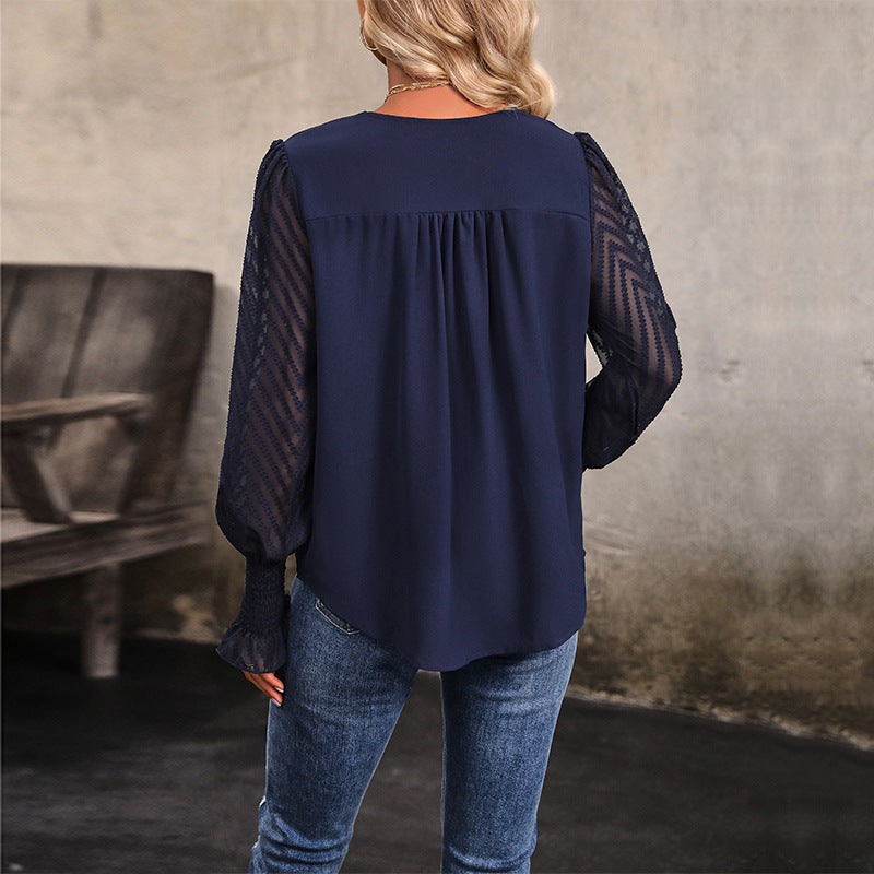 Women's Navy long sleeve V-neck blouse womens solid color shirt