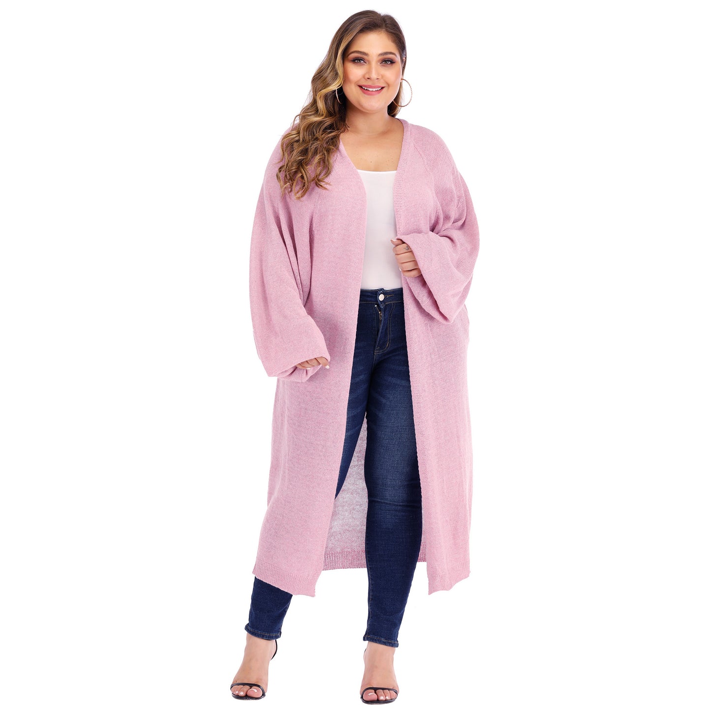 Plus size women's loose pocket long woven cardigan sweater