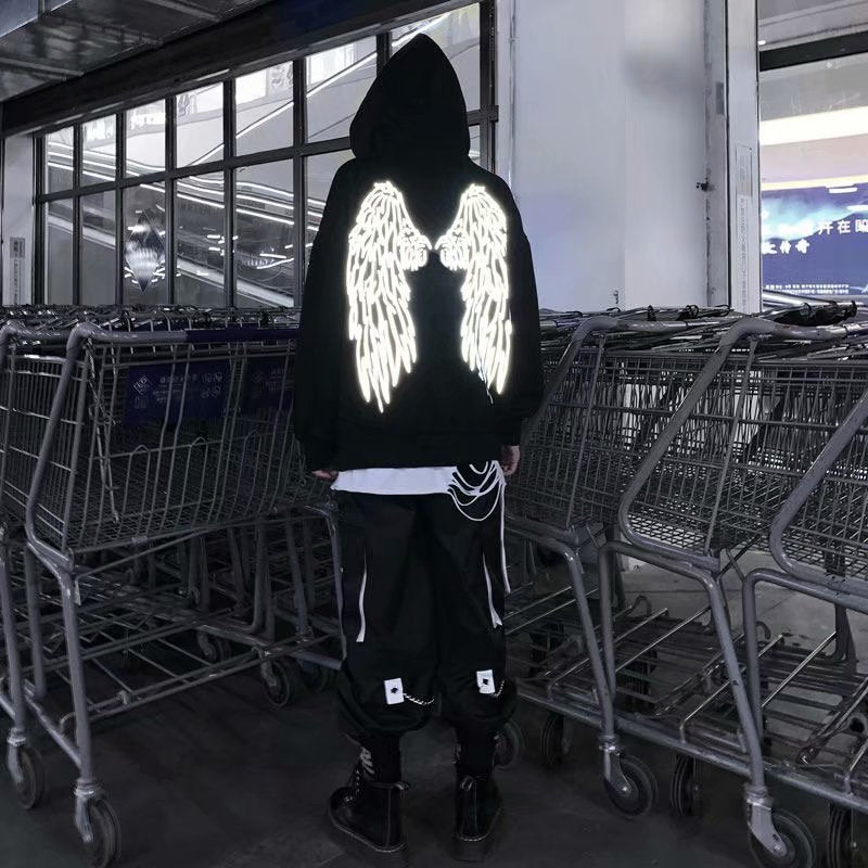 S.M. Dark series personality wings INS reflective rope hooded hat and velvet hoodie men's street fashion