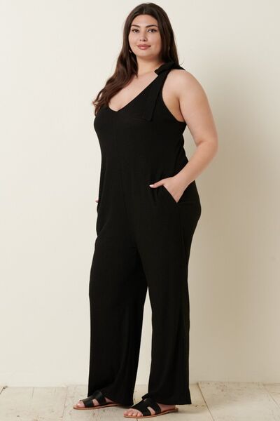 S.W.  Mittoshop Rib Knit V-Neck Cross Back Jumpsuit