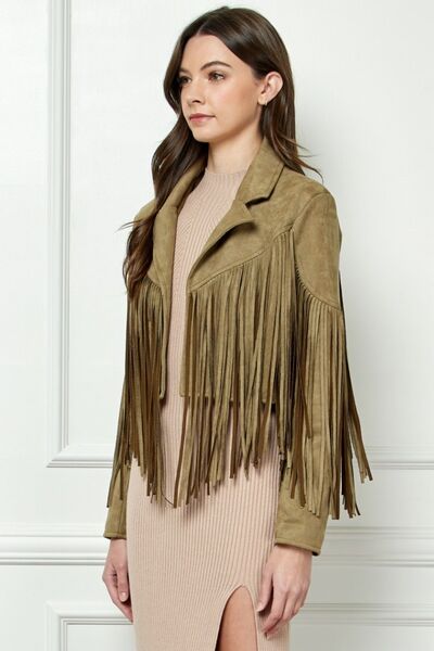 S.W.  Veveret Suede Fringe Long Sleeve Moto Jacket