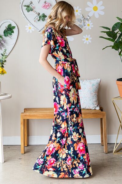 S.W.  Heimish Full Size Floral Surplice Tie Waist Maxi Dress