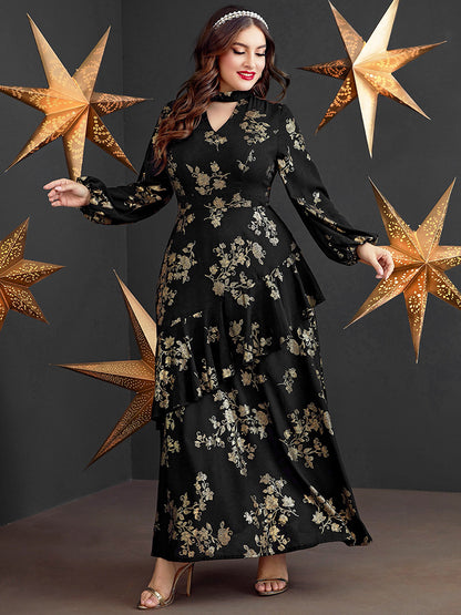 Luxury elegant long sleeve floral V-neck party festival plus size dress