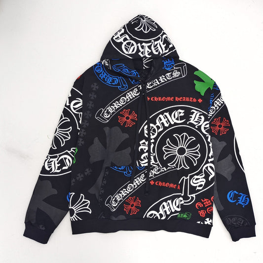 a black hoodie with a bunch of different designs on it