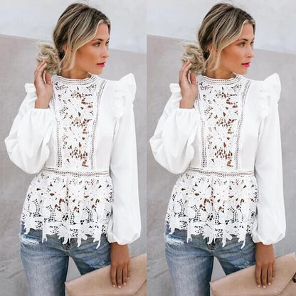 S.W. Explosive sexy hollow lace long sleeve ruffled top blouse