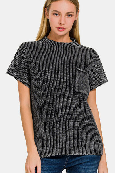 S.W.  Zenana Pocketed Mock Neck Short Sleeve Sweater