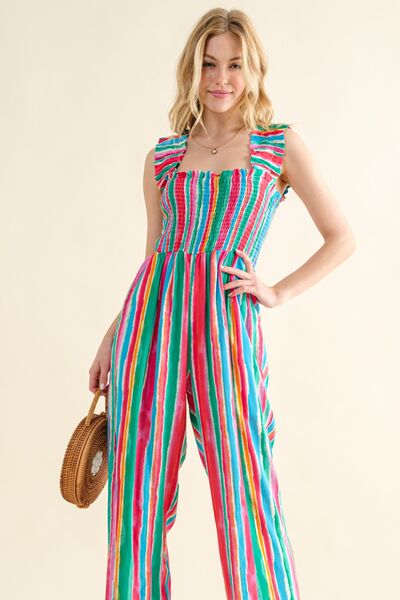 S.W. And The Why Full Size Striped Smocked Sleeveless Jumpsuit