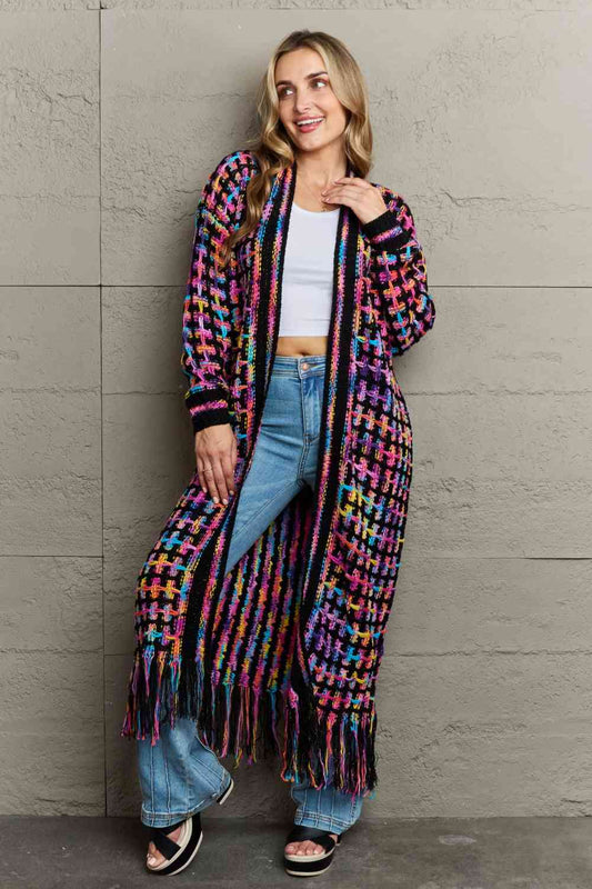 S.W.  Multicolored Open Front Fringe Hem Cardigan