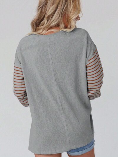 S.W.  Round Neck Striped Long Sleeve Slit T-Shirt