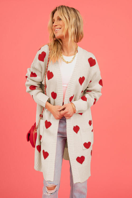 S.W.  Heart Graphic Open Front Cardigan with Pockets