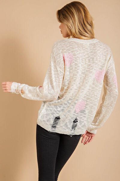 S.W.  Kori America Heart Pattern Distressed Sweater