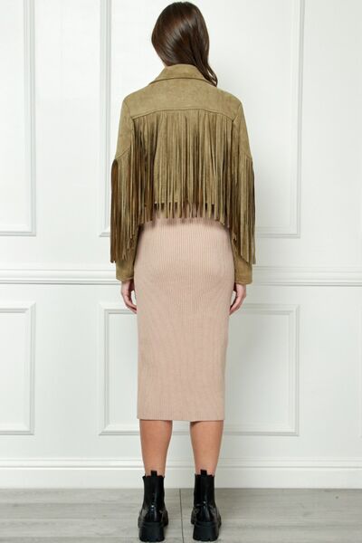 S.W.  Veveret Suede Fringe Long Sleeve Moto Jacket