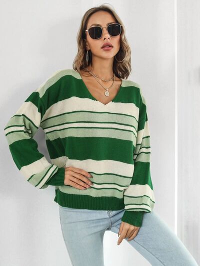 S.W. Striped V-Neck Dropped Shoulder Sweater