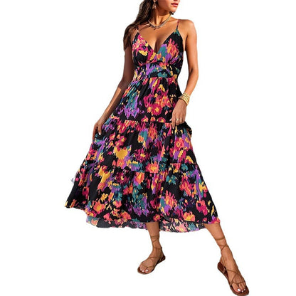 S.W. women's Summer Skirt Print A-line maxi dress with split halter  dress