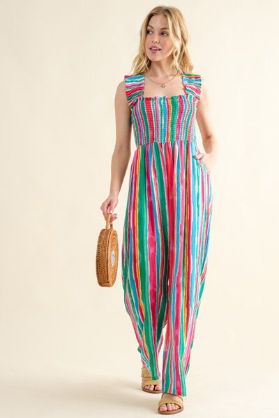 S.W. And The Why Full Size Striped Smocked Sleeveless Jumpsuit