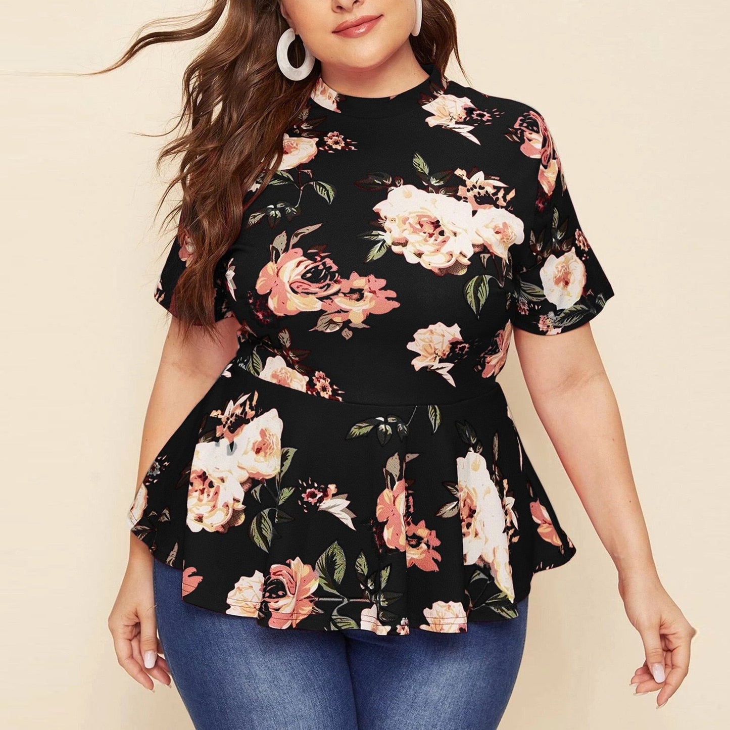 Women's Plus Size Spring Summer Boho Casual Peplum Slim Fit Blouse.