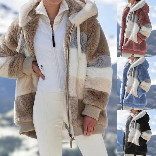 Women's Winter Warm Plush Panel Zipper Pocket Hooded Loose Coat for Womens
