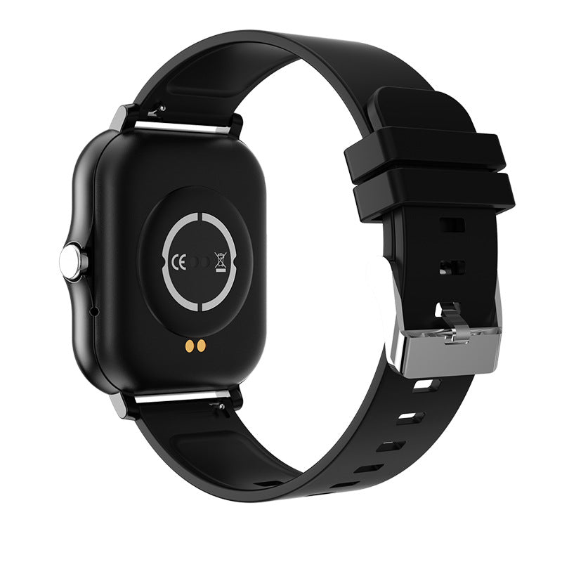 a smart watch with a black strap