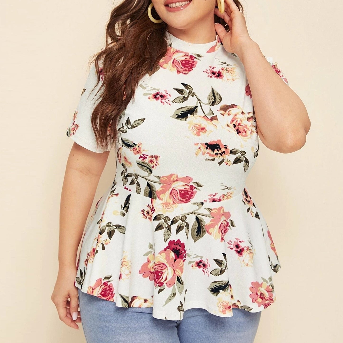 Women's Plus Size Spring Summer Boho Casual Peplum Slim Fit Blouse.