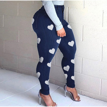 Women's Plus size Heart Print Skinny Distressed Stretchy Jeans Mom Vintage Streetwear