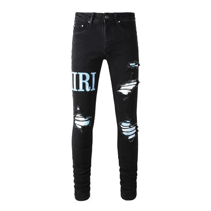 S.M.  New Arrivals Men's Black Slim Fit Designer Street wear Distressed Ripped Jeans