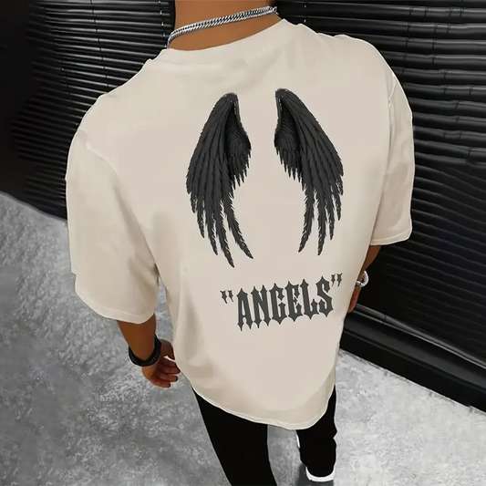 S.M.  Angel Wings Graphic T-Shirt For Men's Casual Solid Color Round Neck Tee For Spring Summer Oversized Short Sleeve Male Clothing